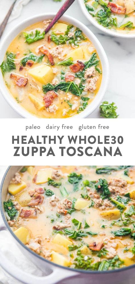 Healthy Zuppa Toscana, Olive Garden Soup, Kale Sausage, Whole30 Soup Recipes, Sausage And Bacon, Olive Garden Soups, Homemade Italian Sausage, Garden Soup, Toscana Soup