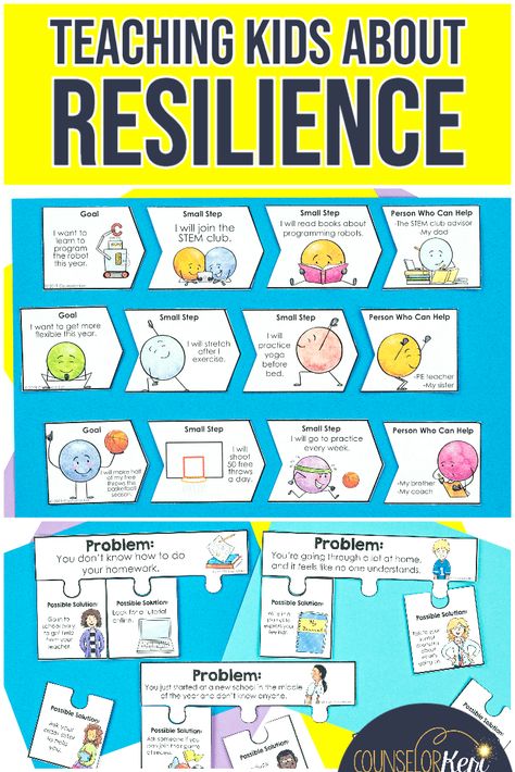 Want to teach kids about resilience? Try these activities in your resilience classroom guidance lessons or resilience small group counseling sessions! Fun resiliency activities for kids at school or at home to help kids develop resiliency. Problem solving activities, communication styles activities, goal setting activities, and more. Emotional Resilience Activities, Teaching Resilience To Kids, Resilience Activities For Kids, Problem Solving Activities For Kids, Teaching Resilience, Resilience Activities, Setting Activities, Resilience In Children, Problem Solving Strategies