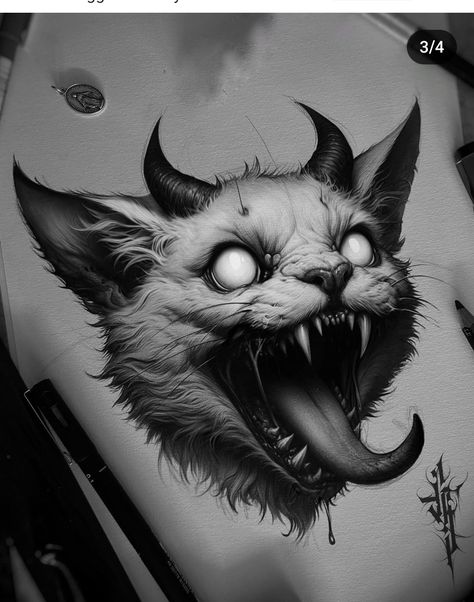 Creepy Animals, Scary Drawings, Blackwork Designs, Realistic Tattoo Sleeve, Cat Dark, Eyeball Art, Evil Cat, Creepy Cat, Scary Cat