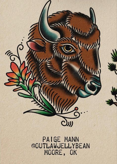 Buffalo American Traditional Tattoo, Bison Tattoo Traditional, American Traditional Bison Tattoo, Western Style Tattoos Men, Traditional Style Animal Tattoos, American Traditional Buffalo, Cowboy Traditional Tattoo, Traditional Buffalo Tattoo, Ram Head Tattoo