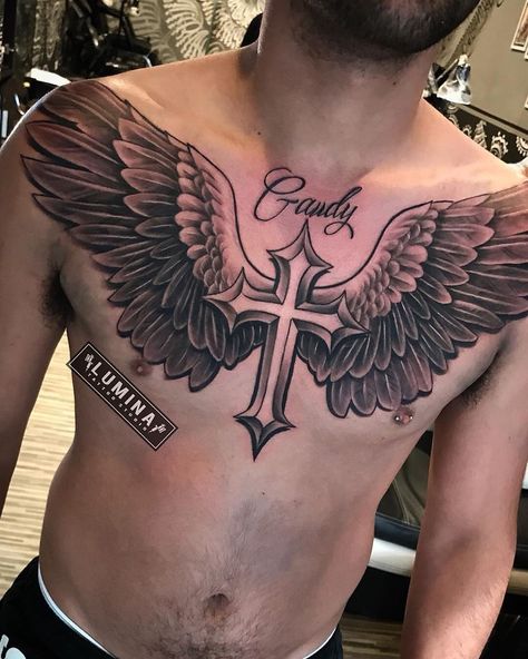 Wings Tattoo Design Chest, Wings On Chest Tattoo, Eagle Chest Tattoo Men, Dragon Chest Tattoo Men, Lion Chest Tattoo Men, Cross And Wings Tattoo, Men Chest Tattoo Ideas, Male Chest Tattoos, Men Chest Tattoo