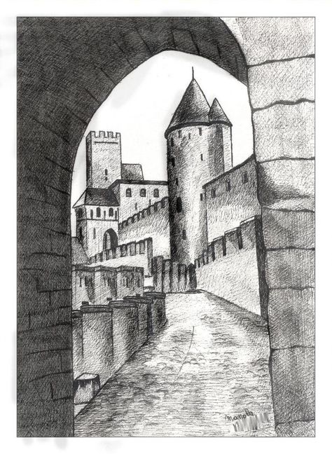 Carcassonne - au bic - By Manola Medieval Aesthetic, Drawing Inspo, Pencil Sketch, Aesthetic Art, Graffiti, Drawings, Quick Saves, Art