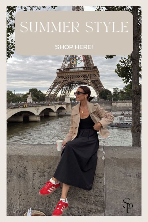 Looking for summer outfits that are comfortable, classic, and will last you through the seasons? Here are some of my favorite sets, combos, and basic pieces that can be mixed and matched to work in so many versatile ways. I love pairing my favorite travel dress with these fun red sneakers! Find them here! Summer Traveling Outfits, Adidas Gazelle Red, Paris Travel Outfits, Functional Outfits, Traveling Outfits, France Outfits, Capsule Outfits, Summer Trip, Paris Outfits