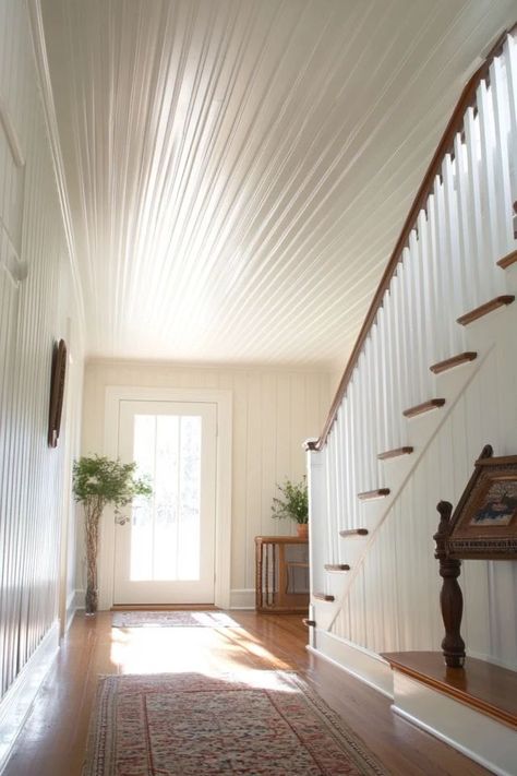 "Add timeless character to your home with a DIY Beadboard Ceiling! 🛠️🪜 Perfect for adding texture and style to any room. 🌟✨ #BeadboardCeiling #DIYProjects #HomeImprovement" Beadboard Wall And Ceiling, Bead Board Ceiling Living Room, Beadboard Walls And Ceiling, Floor To Ceiling Beadboard, Beadboard Wall, Diy Beadboard, Beadboard Ceiling, Basement Ceiling, Cabin Interiors