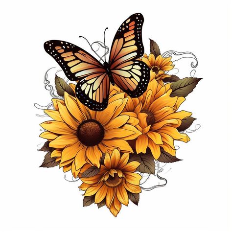 Butterflies Tattoo Stencil, Sunflower Butterfly Tattoo, Girasoles Tattoo, Sunflower And Butterfly Tattoo, Delicate Feminine Tattoos, Tattoo Png, Butterfly Tattoo Stencil, Sunflower Tattoo Sleeve, Sunflower Butterfly