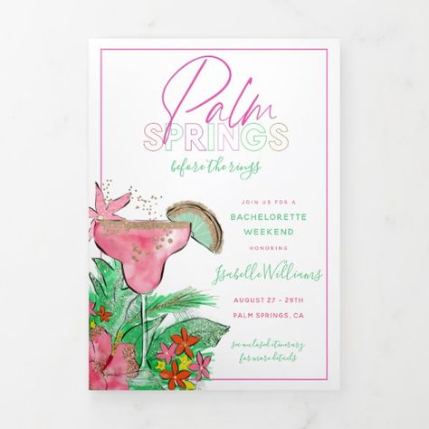 Palm Springs Bachelorette Itinerary Tri-Fold Invitation Miami Beach Bachelorette Party, Beach Bachelorette Itinerary, Miami Beach Bachelorette, Watercolor Drinks, Palm Springs Bachelorette Party, Miami Bachelorette Party, Bachelorette Party Itinerary, Palm Springs Bachelorette, Bachelorette Party Weekend