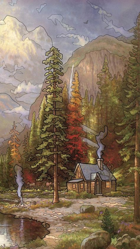 Cabin Illustration Drawings, Cottage In The Woods Drawing, Fall Cabin Painting, Woods Drawing Forests, Autumn Drawing Aesthetic, Brown Halloween Aesthetic, Autumn Illustration Wallpaper, Simple Forest Drawing, Autumn Forest Illustration