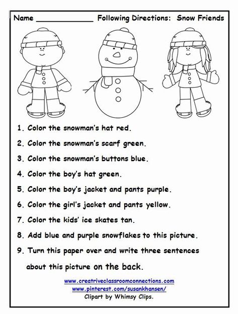 Listening Skills Worksheets, Following Directions Worksheet, Follow Directions Worksheet, Directions Worksheet, Following Directions Activities, Ingles Kids, Christmas Worksheets, Kindergarten Worksheets Printable, Winter Preschool