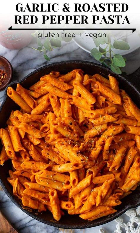 Gluten free penne cooked and coated in a thick and velvety garlic and roasted red pepper pasta sauce. Make this dish easy & healthy dinner in about 20 minutes with only 10 total ingredients - most of which you likely already have on hand!  | Gluten Free + Vegan Roasted Red Pepper Pasta Healthy, Pasta Dishes Recipes Healthy, Healthy Food Ideas Pasta, Vegan Red Sauce Pasta, Red Pepper Pasta Vegan, Roast Pepper Pasta, Healthy Eating Pasta, Easy And Healthy Meal Ideas, Pasta Dishes Vegan