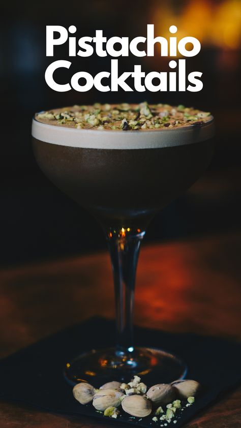 Pistachio Cocktails Pistachio Cocktail Recipe, Pistachio Espresso Martini, Pistachio Liquor Recipes, Pistachio Liqueur Drinks, Earthy Cocktails, Pistachio Cocktail, Pistachio Syrup Recipe, Pistachio Martini Recipe, Pistachio Drink