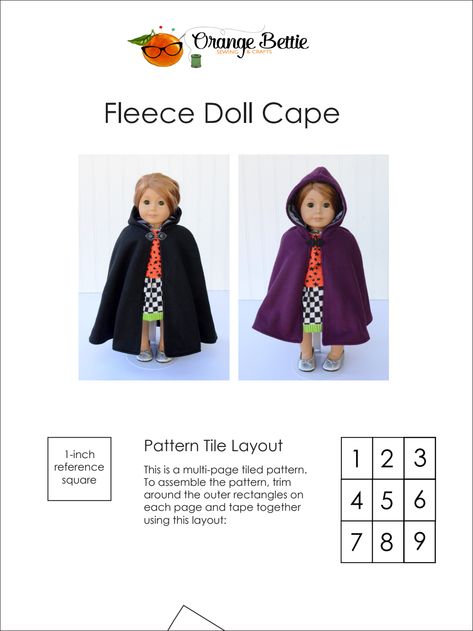 Fleece Doll Cape - Free Sewing Pattern Doll Cape Pattern Free, Doll Cape Pattern, Cape Pattern Free, Hooded Cape Pattern, Doll Cape, No Sew Cape, Orange Craft, Cape Pattern, Knitted Slippers Pattern