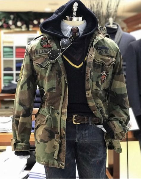 Military Jacket Outfit Men, Military Inspired Outfit, Polo Ralph Lauren Outfits, Army Jackets, Military Inspired Fashion, Preppy Mens Fashion, Pants Outfit Men, Army Fashion, Army Jacket