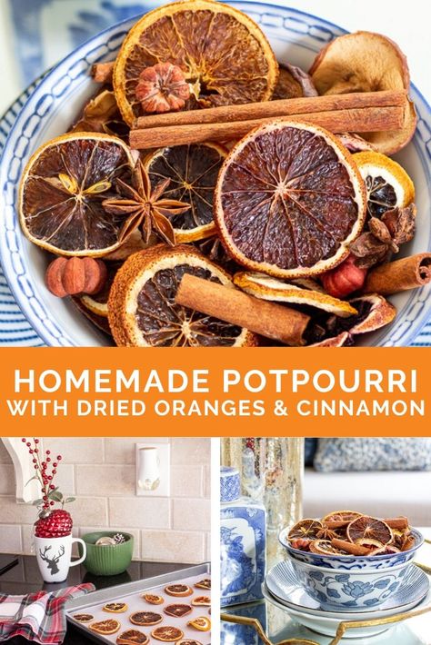 Learn how to dry oranges in the oven to make homemade Christmas potpourri. Made with a mixture of dried oranges and apples, cinnamon sticks, star anise and scented with clove, sweet orange, balsam fir, bay and cassia essential oils, it smells like Christmas morning. It makes a great homemade holiday gift! Homemade Christmas Potpourri, Dried Orange Christmas, Citrus Potpourri, How To Make Potpourri, Potpourri Diy, Orange Potpourri, Fall Potpourri, Holiday Potpourri, Smells Like Christmas