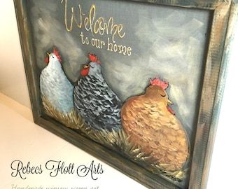 Painted Chickens, Funky Chickens, Framers Market, Window Screen Crafts, Welcome To Our Home Sign, Our Home Sign, Window Crafts, Chicken Signs, Chicken Painting