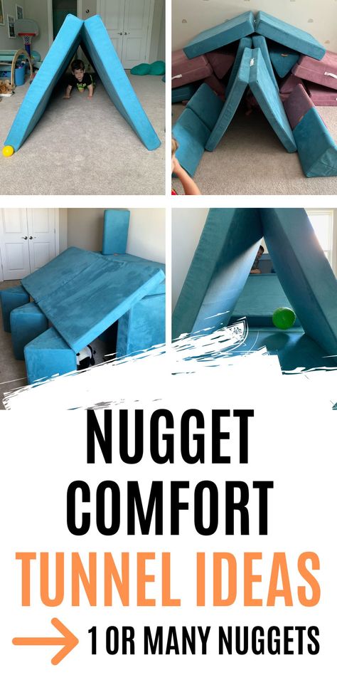 Two Nugget Fort Ideas, 3 Nugget Build Ideas, Nugget Maze Build, Nugget Builds For Climbing, Nugget Tunnel Build, Nugget Fort Ideas, 2 Nugget Builds For Climbing, Single Nugget Builds For Climbing, Kids Tunnel