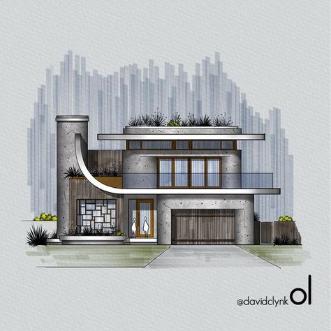 Modern Architecture House Drawing, House Plates Architecture Drawing, Exterior Perspective Architecture, Modern House Sketch Architecture, Elevation Sketch Architecture, House Sketch Architecture, Concrete Drawing, Facade Sketch, Exterior Perspective