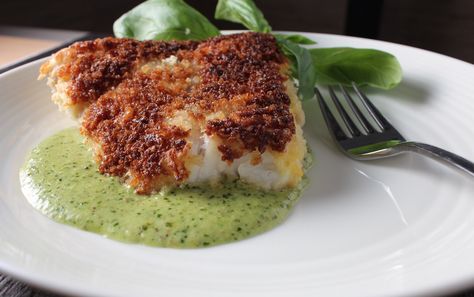 Crunchy Scamp with Basil Cream Sauce | My Delicious Blog. A great alternative to deep frying - crunchy & delicious. #mydeliciousblog Scamp Grouper Recipe, Wahoo Recipes, Grouper Recipe, Grouper Recipes, Basil Cream Sauce, Grouper Fillet, Fish Dinners, Cream Sauce Recipe, Cream Sauce Recipes