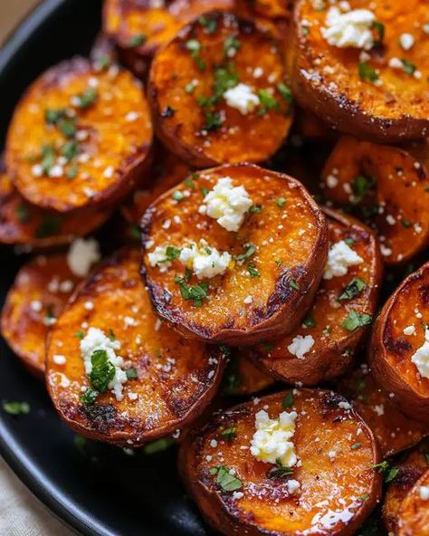 Roasted Sweet Potatoes With Honey And Feta, Feta And Sweet Potato, Dinner Meals With Sweet Potatoes, Yams Side Dish, Roasted Sweet Potato Rounds With Honey And Feta, Side Dishes With Feta Cheese, Sweet Potato Feta Recipes, Different Ways To Cook Sweet Potatoes, Grilled Sweet Potatoes Slices