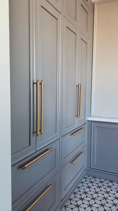 Gray Wardrobe Design, Colorful Wardrobe Furniture, Blue Grey Wardrobe Bedroom, Grey Colour Wardrobe Designs, Duco Finish Wardrobe Modern, Grey Wardrobe With Gold Handles, Blue Fitted Wardrobes, Almirah Designs, Classic Closet