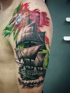 Tattoo Design With Meaning, Portuguese Tattoo, Nautical Tattoo Sleeve, Rooster Tattoo, Ankle Tat, Black Art Tattoo, Rose Tattoos For Men, Nautical Tattoo, Flag Tattoo