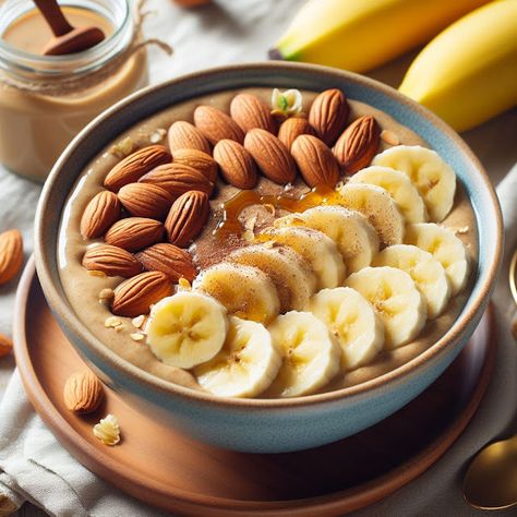 Cooking up Joy - Made with love: Almond Butter Banana Smoothie Bowl Banana Bowl, Vegan Smoothie Bowl, Banana Smoothie Bowl, Sunflower Butter, Banana Slice, Cashew Butter, Food Illustration, Banana Smoothie, Sliced Almonds