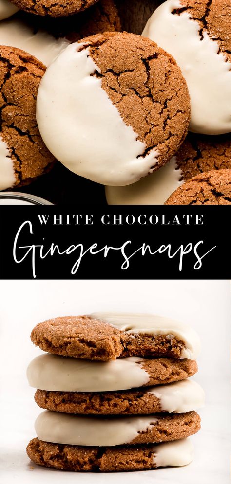 Soft and chewy White Chocolate Dipped Gingersnaps are a holiday favorite full of warm spices. Add these pretty cookies to your Christmas dessert platter! #christmascookies #christmasrecipes #gingerbreadcookies | GarnishandGlaze.com White Chocolate Dipped Gingerbread Cookies, Ginger Snap Cookies Dipped In White Chocolate, White Chocolate Dipped Molasses Cookies, Dipped Gingersnaps Taste Of Home, Molasses Cookies Dipped In White Chocolate, White Chocolate Dipped Ginger Cookies, Ginger Snap Cookies With Icing, Frosted Ginger Cookies, White Chocolate Cookie Icing