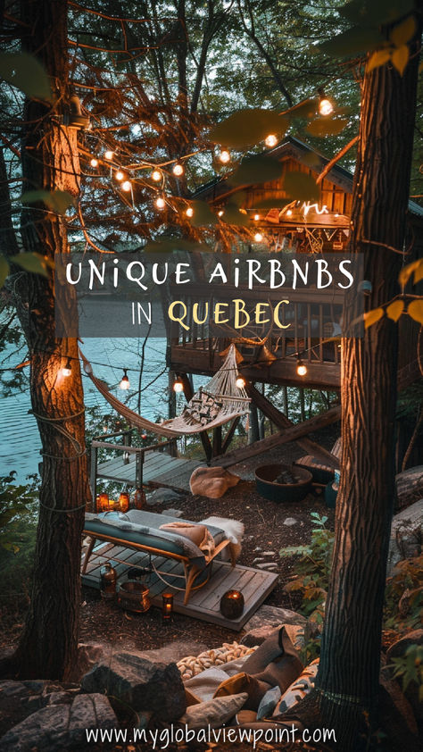 A cozy, unique Airbnb nestled in the forest by a tranquil lake in Québec, featuring a hammock and warm, ambient lighting. Vacation Home Ideas, Mindfulness Retreat, Solo Vacation, Cozy Cabins, Quebec Canada, Instagram Worthy, Cozy Cabin, Vacation Homes, Luxury Vacation