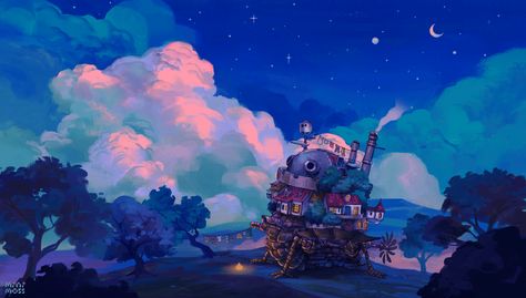 departure! Castle Pixel Art, Ghibli Gif, Howl's Castle, Howls Moving Castle Wallpaper, Studio Ghibli Fanart, Studio Ghibli Background, Japanese Pop Art, Howl's Moving Castle, Desktop Wallpaper Art