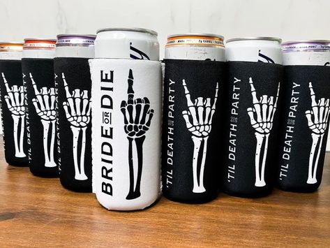 Rockabilly Bachelorette Party, Spooky Bridesmaids Gifts, Bachelorette Party Spooky, Harley Davidson Bachelorette Party, Bachelorette Party Ideas Cricut, Goth Bridal Party, Dark Wedding Favors, Metal Bachelorette Party, Horror Theme Bachelorette Party