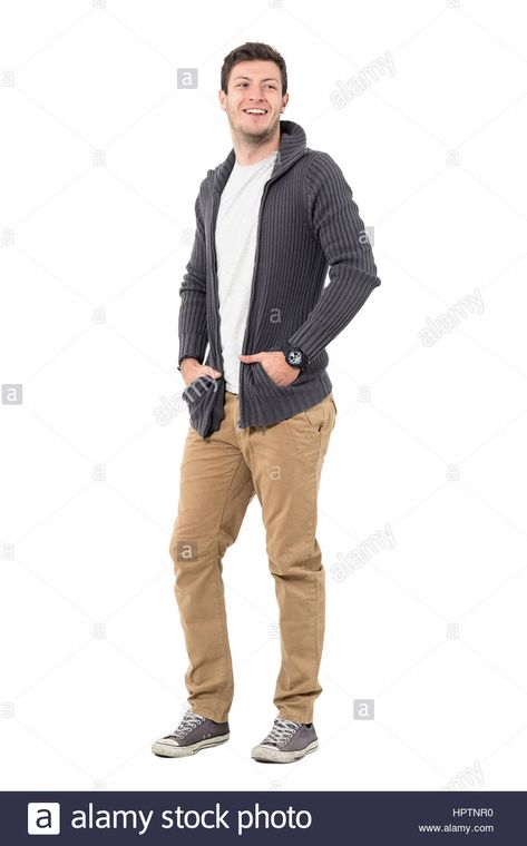 Happy smiling casual man wearing sweater jacket with hands in pockets Stock Photo - Alamy Man With Hands In Pockets, Man Standing With Hands In Pockets, Strike A Pose, Full Body, Looking Back, Sweater Jacket, White Background, Men Casual, Stock Photos