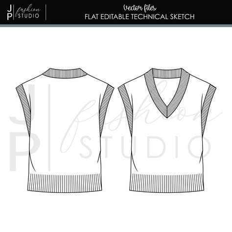 Vest Illustration, Vest Sketch, Sweater Flat Sketch, Sweater Sketch, Top Flat Sketch, Vest Flat Sketch, Knit Sweater Technical Drawing, Cardigan Technical Drawing, Vest Technical Drawing