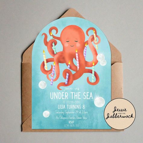 Octopus Birthday Party, Octopus Birthday, Under The Sea Invites, Tropical Birthday Party, Ocean Birthday, Octopus Design, Tropical Birthday, Cute Octopus, Ocean Party