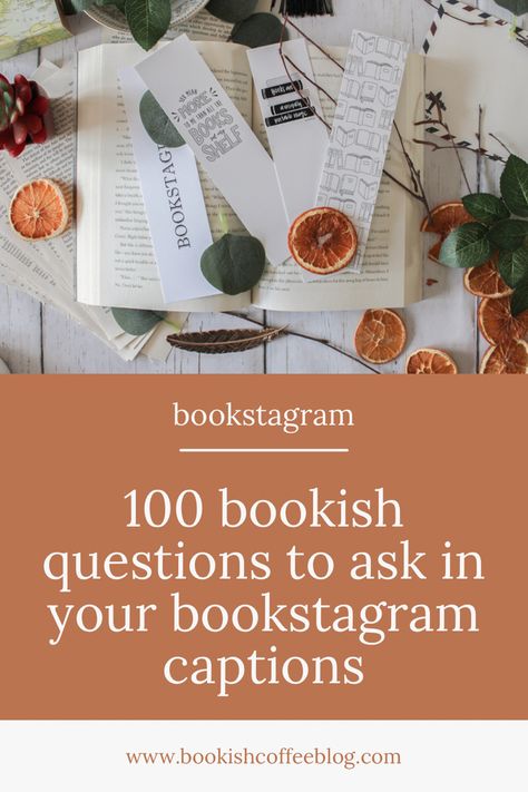 image of a book with four bookmarks on top. below the image is text that reads, “100 bookish questions to ask in you bookstagram captions” Mom Book Club Names, Book Questions To Ask, Book Club Engagement Posts, Book Questions Instagram, Bookish Questions To Ask, Book This Or That, Book Blog Aesthetic, Booktok Content Ideas, Bookish Questions