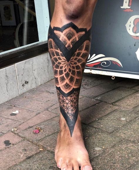 Geometric Shin Tattoo Men, Leg Tattoo Men Geometric, Geo Leg Tattoo, Front Leg Tattoo Men, Geometrical Leg Tattoo, Geometric Pattern Tattoo Men Leg, Geometry Leg Tattoo, Love Music Tattoo, Geometric Tattoo Meaning