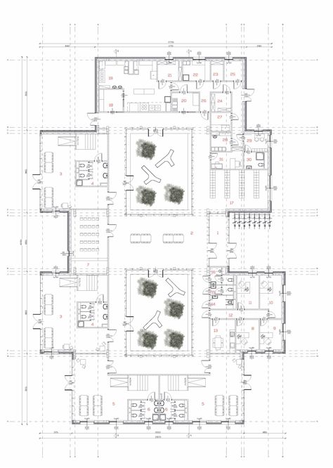 Preschool focuses on architectural design issues as well as safety and coexisting with nature. The basic idea of the project was to design the environment creating great opportunities for development of the child, which, in addition to the aesthetic and f… Creche Design, Daycare Floor Plans, School Building Plans, Classroom Architecture, Academy Design, School Floor Plan, B Arch, Kindergarten Interior, Preschool Designs