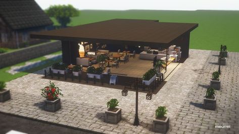 minecrafat cocricot mod modern cafe restaurant build design Minecraft Building Ideas Restaurant, Minecraft Restaurant Kitchen, Minecraft Modern Restaurant, Cafe Design Minecraft, Cat Cafe Minecraft Ideas, Minecraft Fast Food Places, Restaurant In Minecraft, Cat Cafe Minecraft, Minecraft Cafe Interior