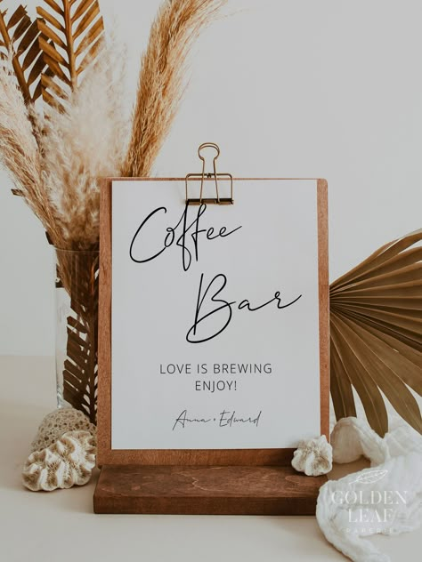 MATCHING ITEMS: https://etsy.me/3v6WAUr Create a cozy and inviting coffee bar at your next event with our customizable Coffee Bar Sign template! This digital download gives you the freedom to personalize the sign to match your event theme and style effortlessly. . . . . . . . . . . . . . . . . . . . . . . . . . . . . . . . . . . .  INSTANT DOWNLOAD! Purchase, edit, and print within minutes!  This template can be accessed through Templett.com - fully customizable template editor that allows you t Coffee Bar Bridal Shower Ideas, Coffee Bar Signage, Coffee Bar Wedding Reception, Coffee Bar Ideas For Party, Coffee Bar Items, Coffee Station Wedding, Minimalist Coffee Bar, Coffee Bar Party, Coffee Bridal Shower