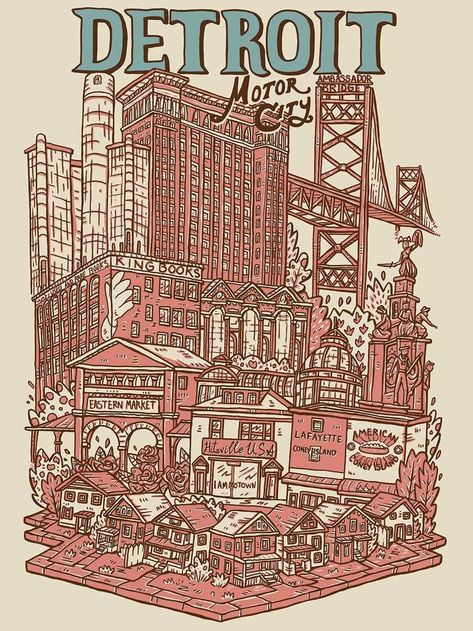 Detroit Illustration, Chad Wallpapers, Detroit Artwork, Scrapbook Drawings, Landmarks Illustration, Detroit Tattoo, Bus App, Detroit Map, Detroit Houses