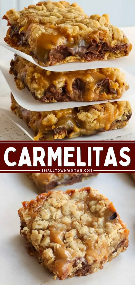 The best ever Carmelita Bars! They're an easy dessert to make at home. With gooey caramel and chocolate sandwiched between buttery oatmeal crumbs, this carmelitas recipe will always satisfy your sweet food craving! Carmelita Bars, Carmelitas Recipe, Caramel Oatmeal, Sweet Oatmeal, Chocolate And Caramel, Dessert To Make, Gooey Caramel, Caramel Bars, Dessert Bar Recipe