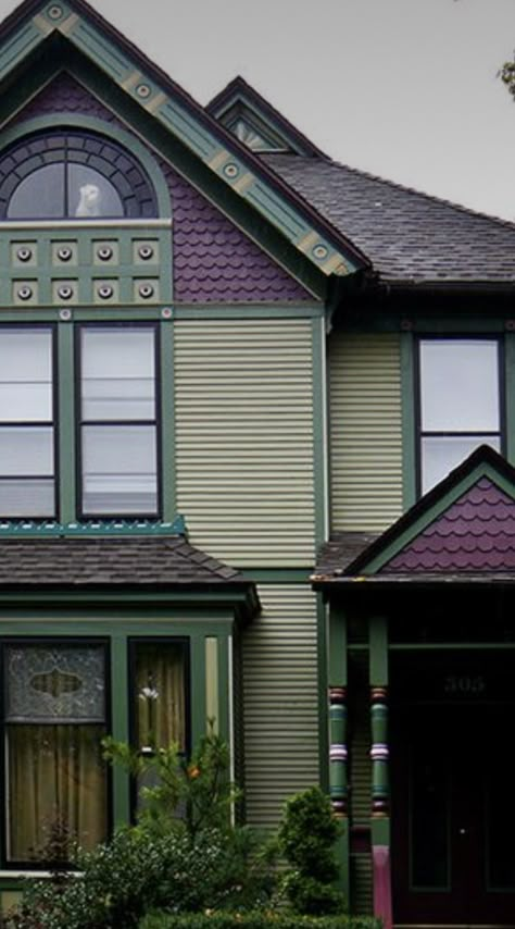 Yellow And Purple House Exterior, Green And Purple Exterior House Colors, Dark Plum House Exterior, Purple Victorian House Exterior, Eggplant Exterior House Color, Jewel Tone Exterior House Paint, Green And Purple House Exterior, Victorian Color Palette Exterior, Purple Houses Exterior