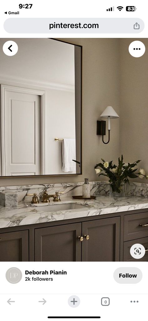 Studio Mcgee Bedroom Master Bathrooms, Brown Vanity Master Bath, Chocolate Bathroom Vanity, Marquis Classic Taupe Cabinets, Taupe Bathroom Vanity Marble, Mcgee Bathrooms, Studio Mcgee Bedroom Master, Brown Marble Bathroom Vanity Top, Studio Mcgee Bedroom