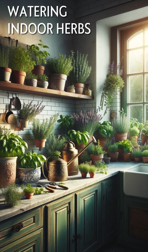 Discover the best practices for watering indoor herbs and ensure a healthy herb garden. Learn how to water indoor herbs in pots and containers effectively. Kitchen Counter Herb Garden, Growing Herbs In Kitchen, Wall Herb Garden Indoor, Kitchen Herb Garden Indoor, Herb Garden Indoor, Herbs In Pots, Herbs In The Kitchen, Eccentric Kitchen, Kitchen Herb Garden