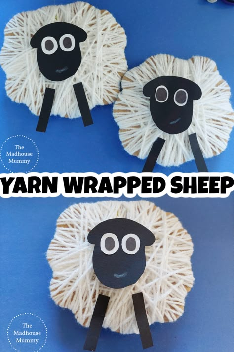 fun farmyard craft for preschoolers. These yarn wrapped sheep are so sweet and simple to make! Perfect as a fun spring, Easter or farm themed craft idea for kids. Yarn Sheep Craft, Goat Art And Craft For Preschool, Sheep Art Project, Lamb Activities For Kids, Sheep Preschool Activities, Christmas Sheep Craft, Farm Crafts Prek, Agriculture Crafts For Kids, Feed My Sheep Craft