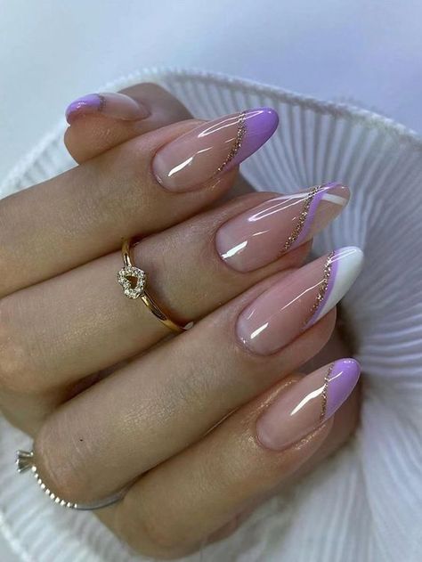 Purple And White Nails, White Nails Almond, Purple Almond Nails, Gel Nails Shape, Pamper Session, Nail Parlour, Nails Shape, Getting A Massage, Her Nails