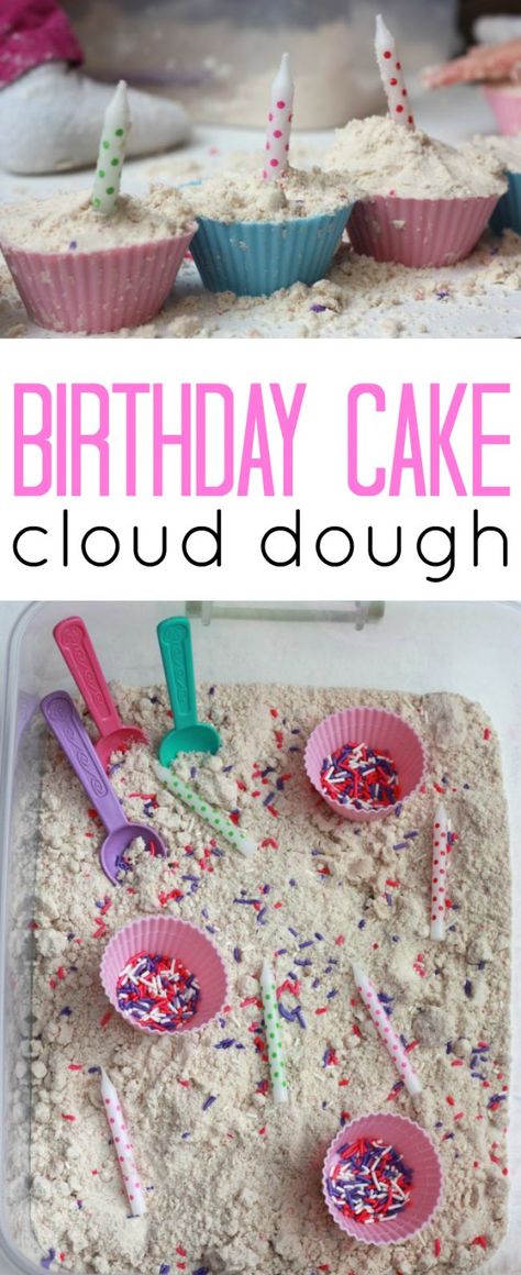 Birthday Cake Scented Cloud Dough - pretend play to make birthday cakes: Cloud Dough Recipes, Preschool Birthday, Toddler Sensory Bins, Sensory Tubs, Sensory Tub, Make Birthday Cake, Cloud Dough, Toddler Sensory, Birthday Activities