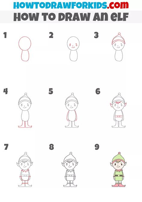 How to Draw an Elf Step by Step - Easy Drawing Tutorial For Kids How To Draw An Elf Easy, How To Draw An Elf Step By Step, How To Draw An Elf, Elfs Drawing, Elf Drawing Sketches, How To Draw Step By Step Easy, Elf Doodle, Draw Christmas, Easy Christmas Drawings