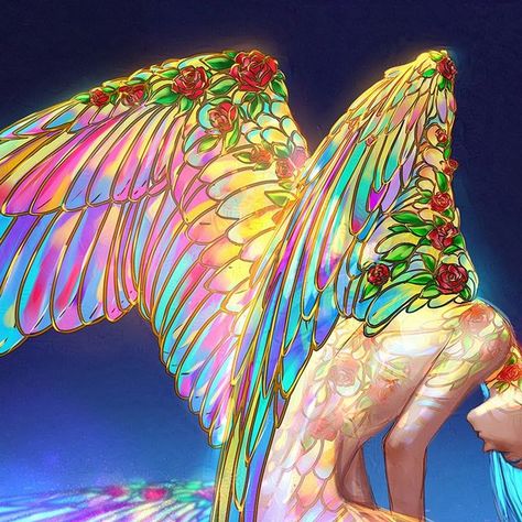 Winged Person Art, Stained Glass Character Design, Stained Glass Character, Human With Wings, Wings Aesthetics, Space Wings, Angel Oc Art, Oc Wings, Nature Oc