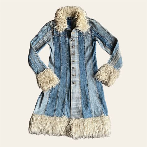 Denim striped afghan coat with cream fur trim Denim Penny Lane Coat, Denim Afghan Coat, Anna Coleman, Vintage Wishlist, Afghan Coat, Penny Lane Coat, Fashion Design Collection, Y2k Denim, Penny Lane