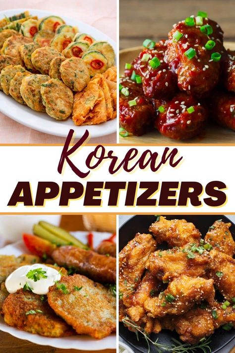 Also known as banchan, Korean appetizers are an important part of any Korean meal. From beef tacos to tuna pancakes to chicken wings, these authentic apps are so easy to whip up. Korean Inspired Appetizers, Asian Party Appetizers, Korean Bbq Appetizer, Easy Korean Appetizers, Korean Dinner Party Menu Ideas, Asian Tapas Ideas, Korean Appetizer Recipes, Korean Appetizers For Party, International Appetizers Easy