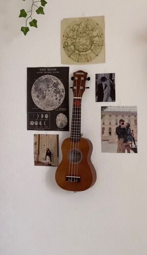 Ukelele Decoration Ideas, Ukulele Bedroom, Ukulele On Wall, Ukulele Display, Small Maximalist Bedroom, Painted Ukulele, Ukulele Art, Terrazzo Floors, Kids Room Interior Design